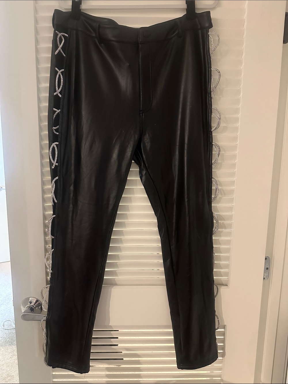 Black Faux Leather Woman's Pants with Decorative Silver Trim--small marks